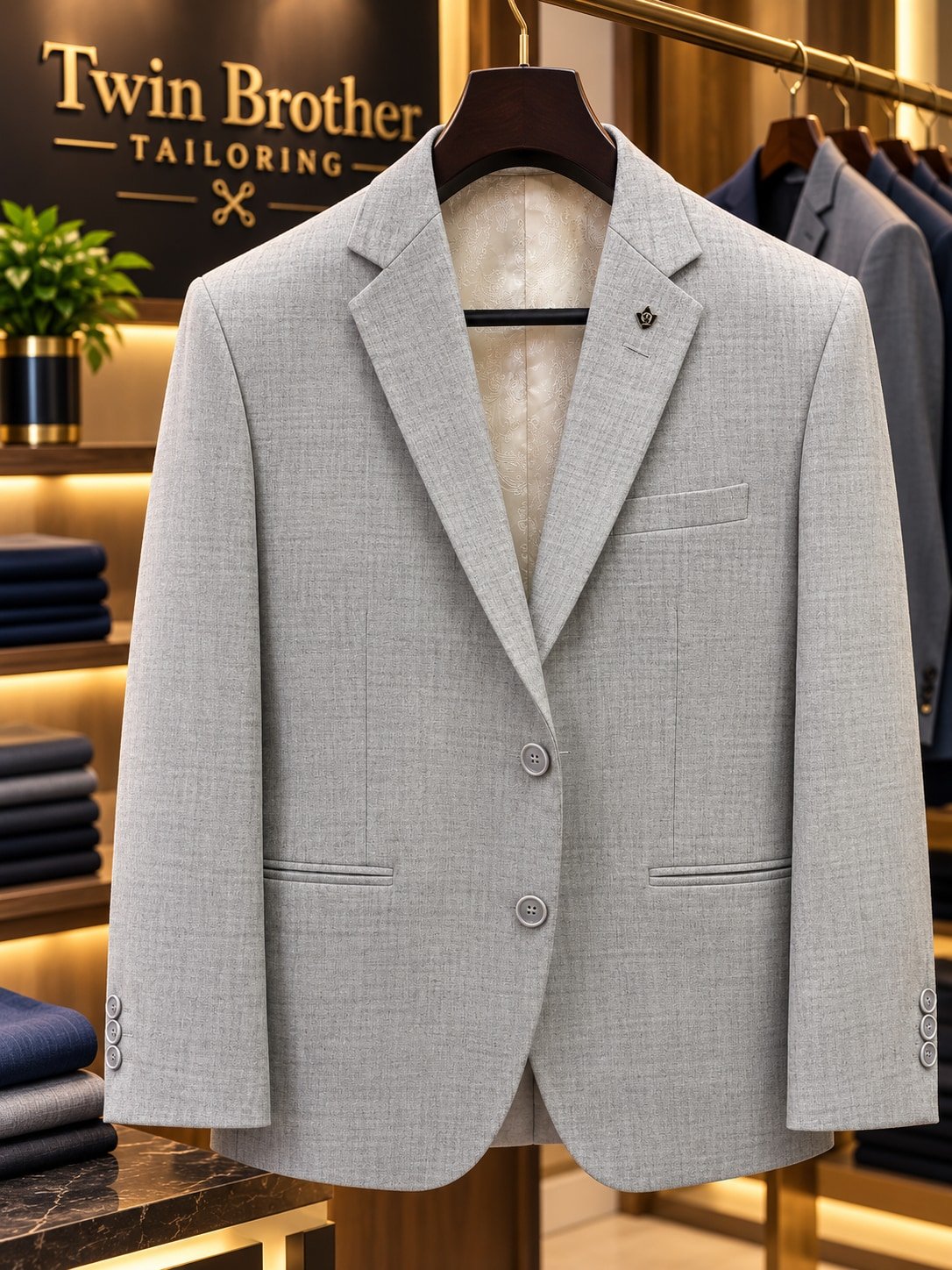 Light Grey Textured Blazer with signature lapel pin