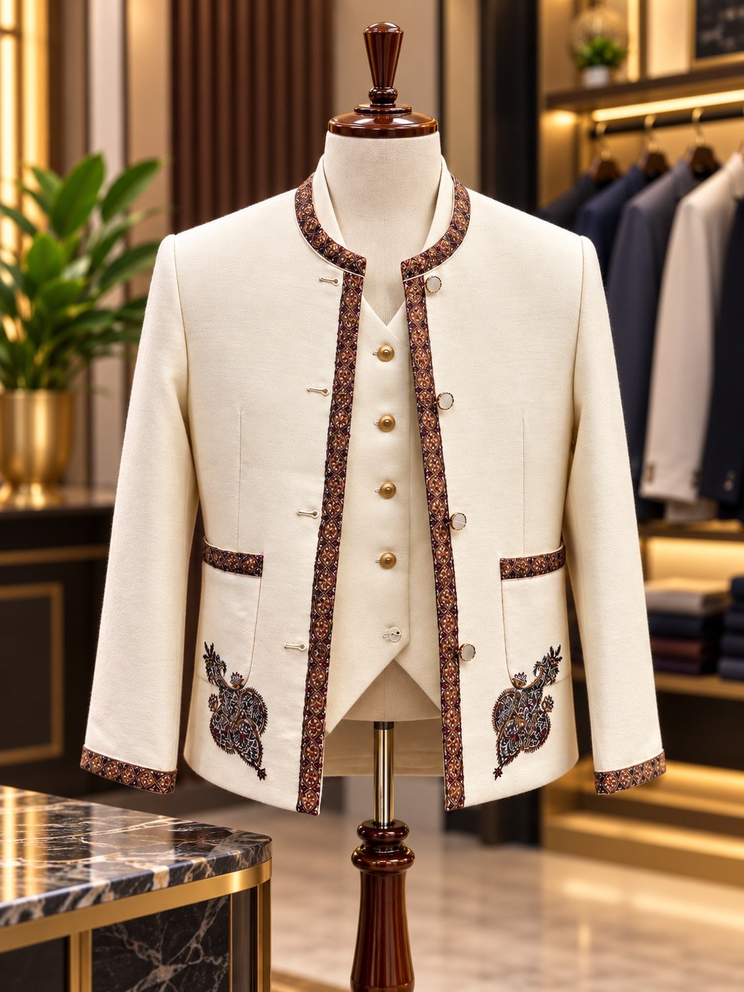 Cream Embroidered Sherwani with matching waistcoat by Twin Brother Tailoring